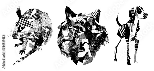 Vector Abstract animal heads featuring a rat wolf and dog.