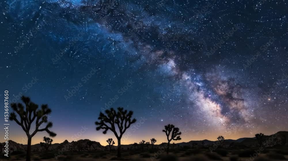 Timelapse Majestic Milky Way Over Joshua Tree National Park - Silhouetted Joshua trees stand in the foreground against a breathtaking backdrop of the Milky Way galaxy stretching across the night sky. Timelapse Majestic Milky Way Over Joshua Tree National Park - Silhouetted Joshua trees stand in the foreground against a breathtaking backdrop of the Milky Way galaxy stretching across the night sky.