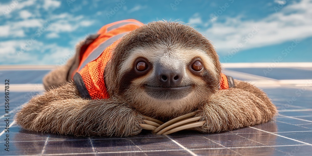 Fototapeta premium Smiling sloth worker on solar panels, wearing orange vest with blue sky. Sustainable energy. Efficient service in a slow-paced fashion.