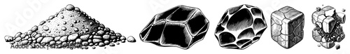 Vector Collection of stone tools and a pile of rocks illustrated in a vintage engraving style.