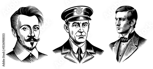 Vector Vintage portraits of three distinguished gentlemen in engraved style.