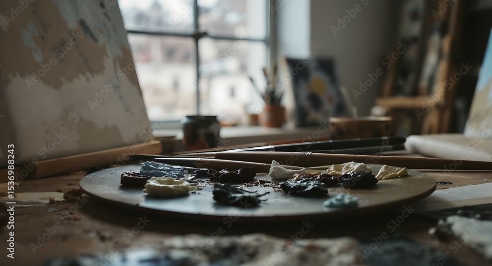 Obraz premium Artist's Palette with Oil Paints and Brushes in Studio Lighting