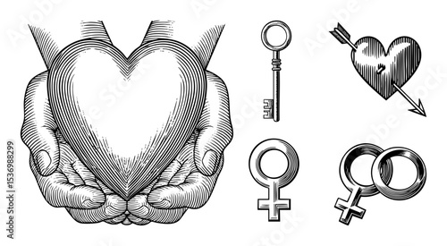 Vector Loving hands cradle a heart alongside symbols of love and connection.