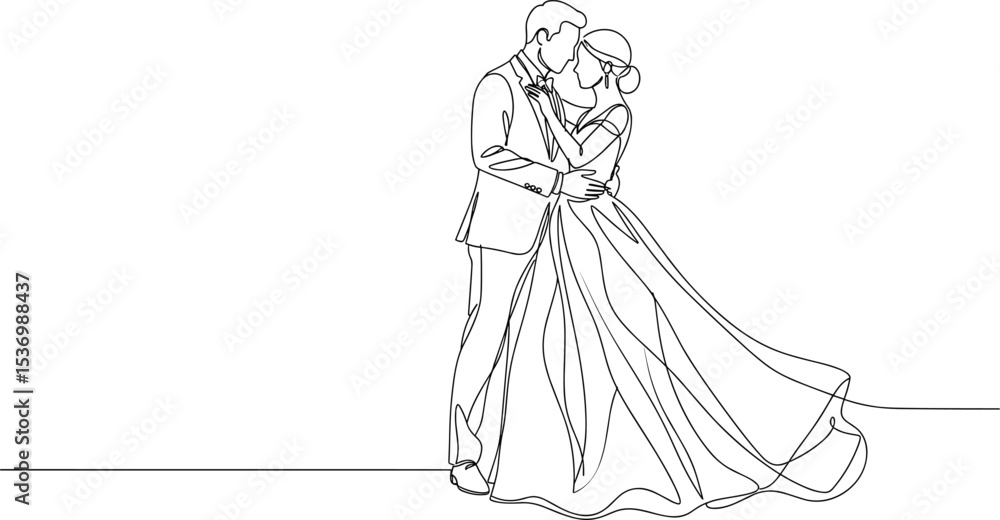 Bride and groom line art, elegant wedding sketch, romantic couple illustration, minimalistic vector artwork, flowing bridal dress, love and romance drawing, modern wedding moment outline Bride and groom line art, elegant wedding sketch, romantic couple illustration, minimalistic vector artwork, flowing bridal dress, love and romance drawing, modern wedding moment outline