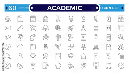 Academic Outline icons of education, studying and science. Includes human brain, fields of study, graduation, school, university and knowledge. Designed for web, mobile. Editable stroke outline icon.