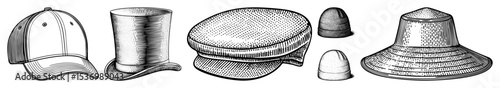 Vector Collection of vintage headwear illustrations showcases diverse hat styles.