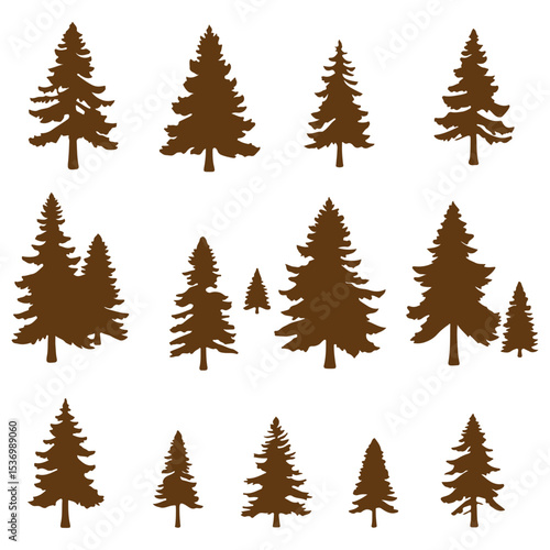 Forest trees set. Isolated vector silhouette. Coniferous forest. Christmas tree, fir-tree, pine, pine-tree, Scotch fir, cedar