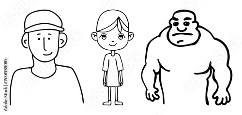 Wallpaper Mural Vector Diverse cartoon characters featuring a man a girl and a muscular figure. Torontodigital.ca