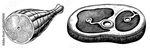 Vector Detailed illustrations of bone-in meat cuts showcase culinary presentation.