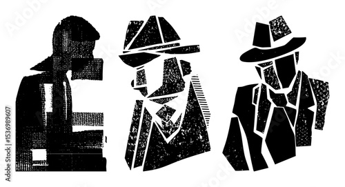 Vector Stylized figures of shadowy men in hats a noir .
