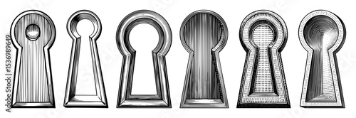 Vector Six detailed keyhole illustrations showcase varying designs and work.