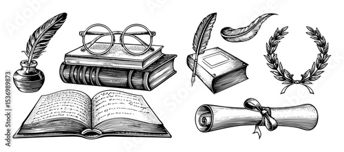 Vector Vintage writing implements and scholarly objects .