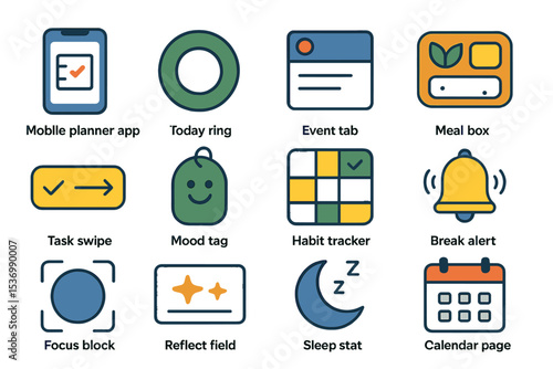 Colorful icon set for task management and habit tracking apps