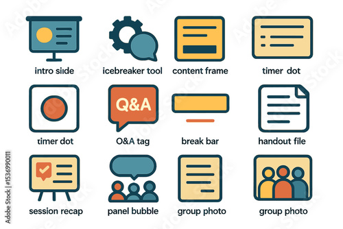 Colorful presentation icons set: slides, tools, frames, and more