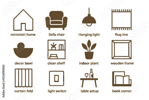 Minimalist home icons featuring furniture, decor, and lighting elements