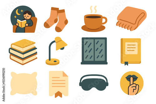 Cozy night routine icons: reading, socks, coffee, blanket, books, lamp, window, pillow, eye mask