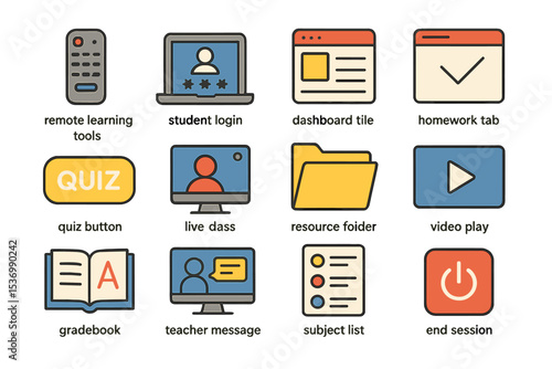 Educational technology icons for remote learning and online classes