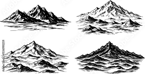mountains vector, alpine mountain hills set silhouette vector art illustration
