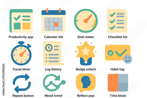 Colorful interface icons for productivity and tracking applications