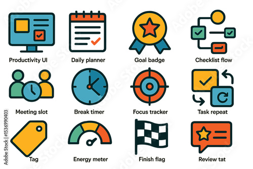 Set of icons for productivity ui with goal badges and task management tools