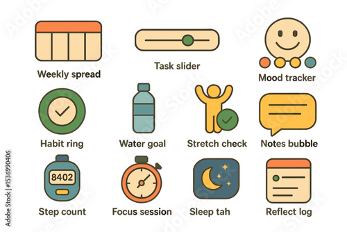 Bullet journal symbols: weekly spread, task slider, mood tracker, habit ring, reflect log