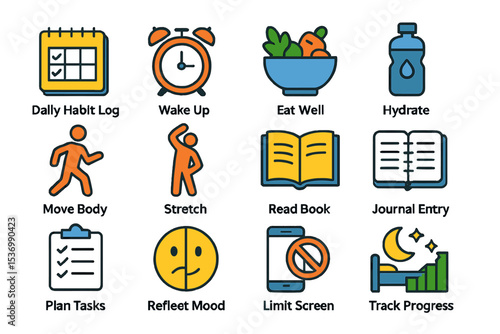 Daily routine icons promoting health and wellness activities