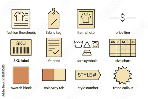 Fashion line sheets fabric tags and size charts for clothing design
