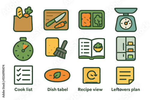Cartoon icons of cooking and kitchen essentials with recipe and dish planning