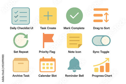 Ui icons for task management: checklist, priority flags, calendar, sync