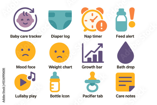 Baby care icons: nap timer, diaper log, and feed alert symbols