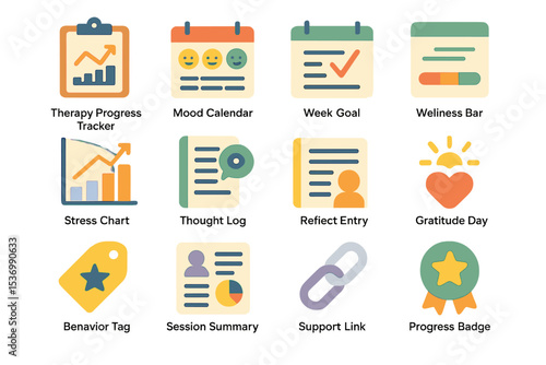 Colorful therapy management icons for mental health and wellness tracking