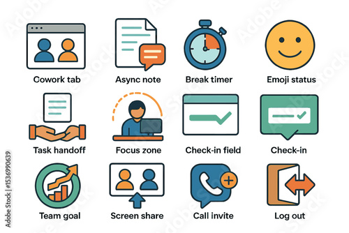 Interface icons for productivity tools: timer, emoji, user interface elements