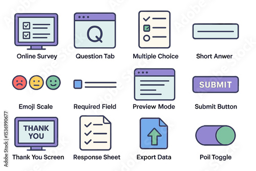 Digital survey icons featuring multiple choice, emoji rating, submit button, and response sheet