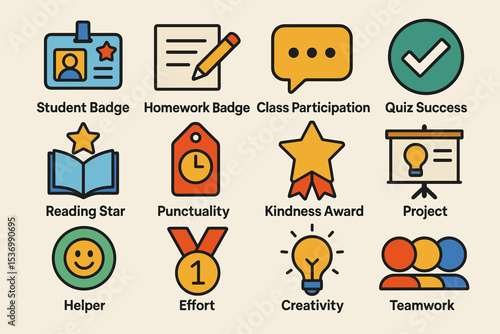 Colorful school achievement badges featuring icons for various student successes