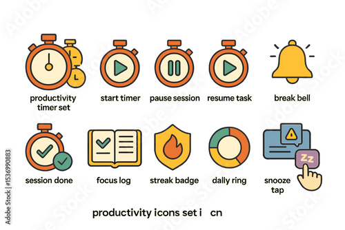 Set of productivity icons: timers, tasks, alerts, and achievements