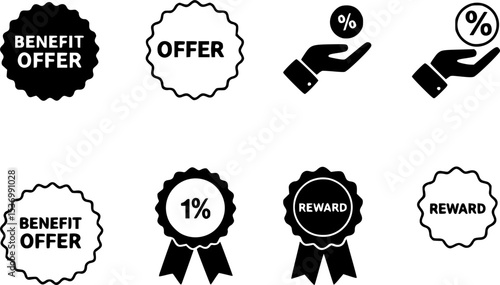 Benefit, offer and reward editable stroke outline icons set isolated flat illustration on white background
