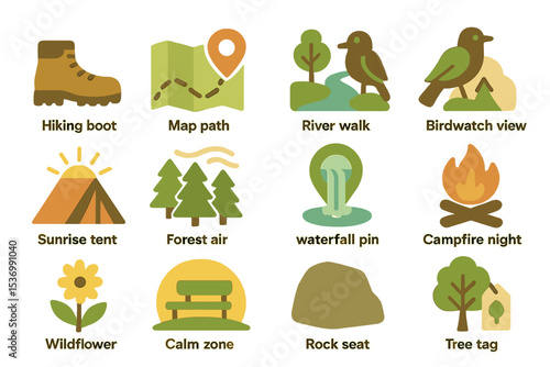 Nature activity icons collection featuring hiking, camping, and birdwatching symbols