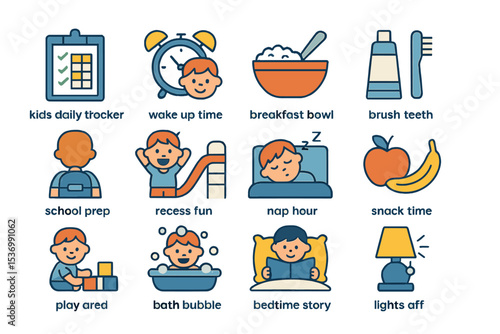Children's daily routine: activities and schedule icons for early childhood development