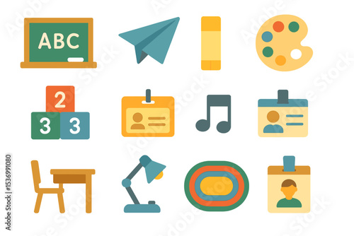 Colorful school and office supplies illustration with chalkboard and art palette