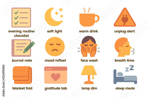 Evening routine icons for relaxation and self-care activities