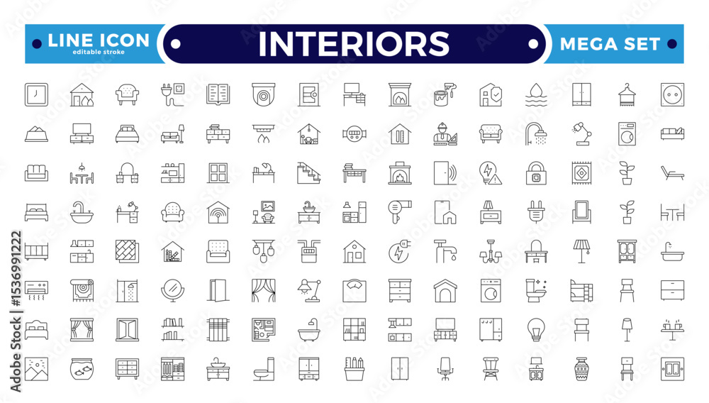 Interior and furniture Outline icon set. Thin line editable stroke ...