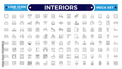 Interior and furniture Outline icon set. Thin line editable stroke icons for interior design, decoration, home styling, appliances, renovation, architecture. Editable stroke outline icon.
