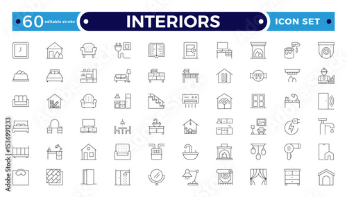 Interior and furniture Outline icon set. Thin line editable stroke icons for interior design, decoration, home styling, appliances, renovation, architecture. Editable stroke outline icon.
