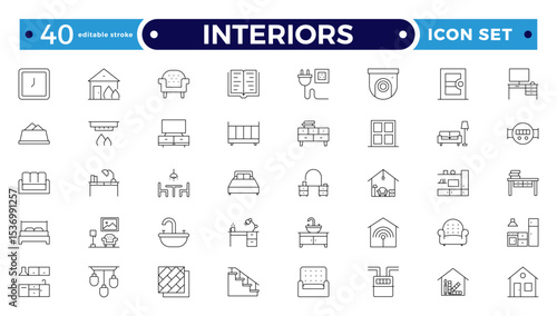 Interior and furniture Outline icon set. Thin line editable stroke icons for interior design, decoration, home styling, appliances, renovation, architecture. Editable stroke outline icon.
