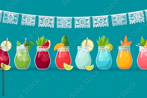 Colorful summer drinks in glass jars