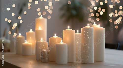 elegant arrangement of tall white candles,cozy ambient lighting,warm soft focus,glowing bokeh background,serene and peaceful atmosphere,high quality photograph
