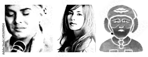 Vector Stylized portraits of people rendered as halftone dot illustrations.