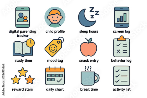 Child activity digital tracker with icons for sleep, screen time, and behavior monitoring
