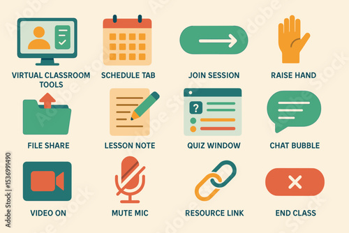 Virtual classroom tools icons for online learning and communication
