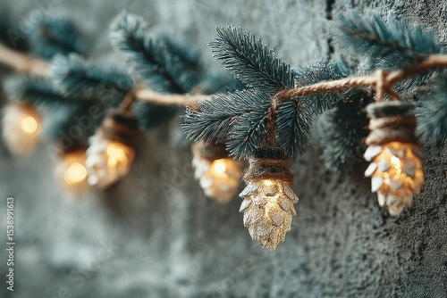 Wallpaper Mural Decorative pine cone string lights create a warm atmosphere along a rustic wall in a cozy setting during the holiday season Torontodigital.ca